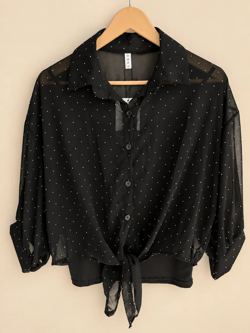 Women's Black Pearl Motif Georgette Tie-Front Shirt with Inner Black Camisole