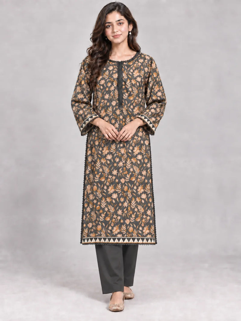 Grey & Orange Floral Printed Lawn 2 Piece Suit | Lace Accents & Solid Trousers