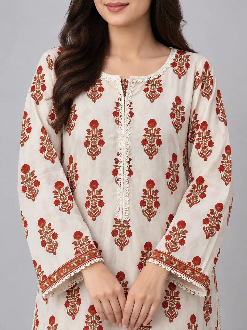 White & Orange Printed Lawn 2 Piece Suit | Placket Lace Trims & Matching Trousers