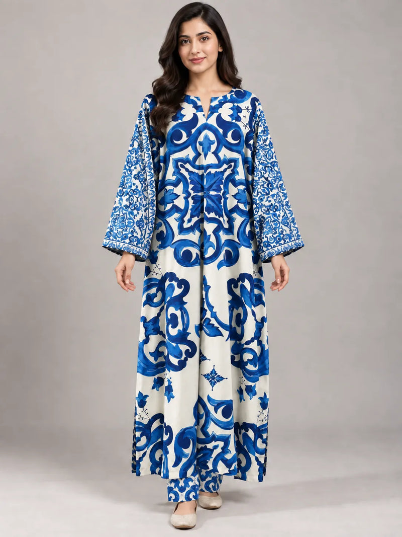 Turkish Print Blue & White Lawn 2 Piece Kaftan Suit | Tile Neckline & Matching Trousers
