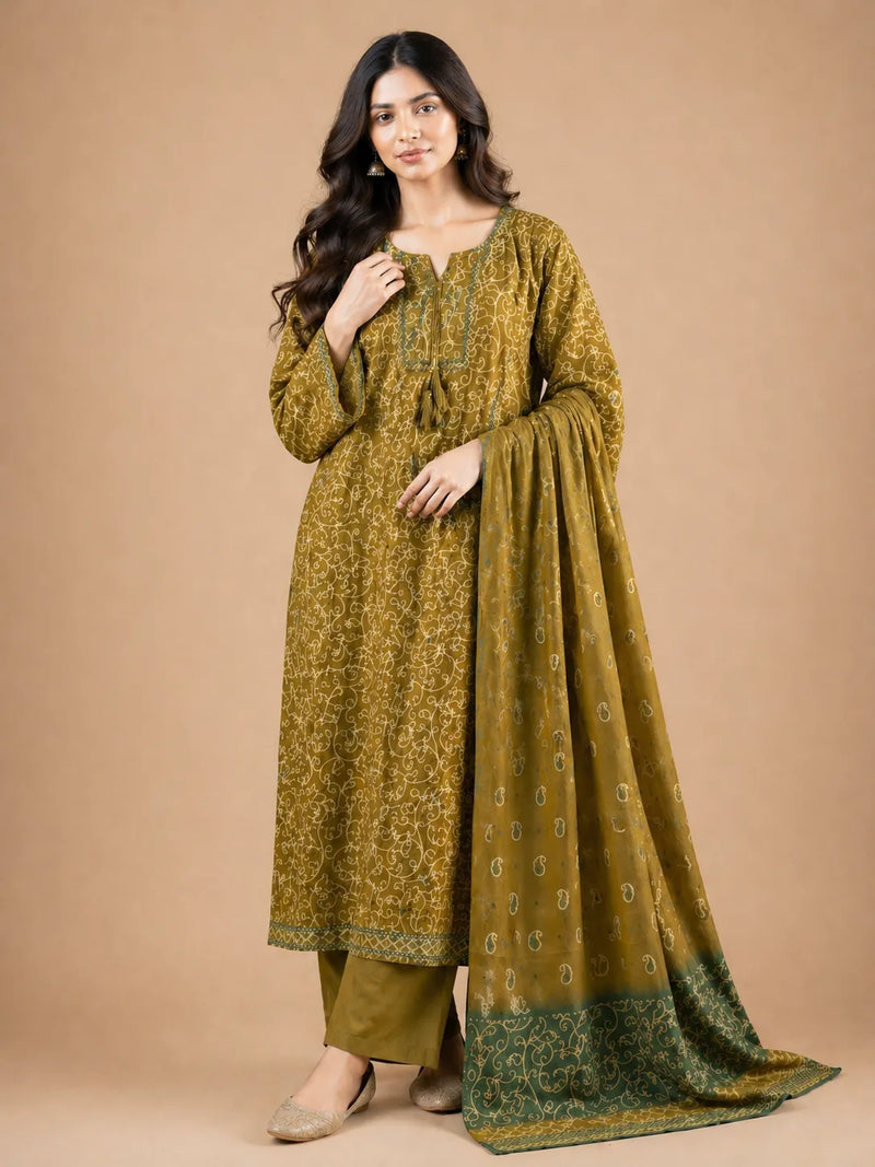 Olive Green Printed Lawn 3 Piece Suit | Tassel Neckline & Bordered Dupatta
