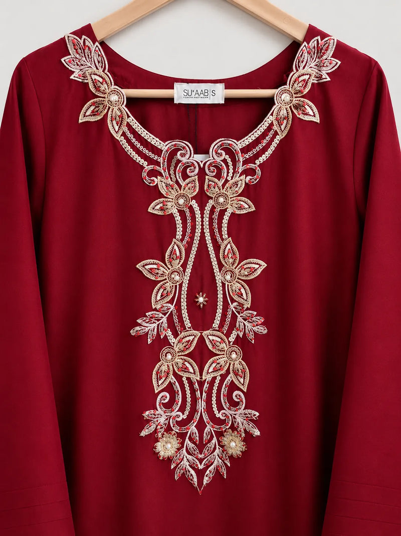 Crimson Red Embroidered Lawn 3-Piece Stitched Suit with Doriya Dupatta
