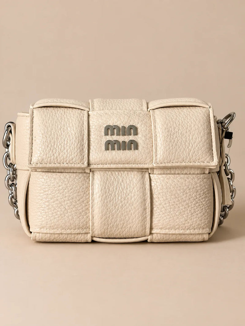 Min Min Off-White Woven Padded Flap Bag | Silver Chain Shoulder Purse with Star Charm
