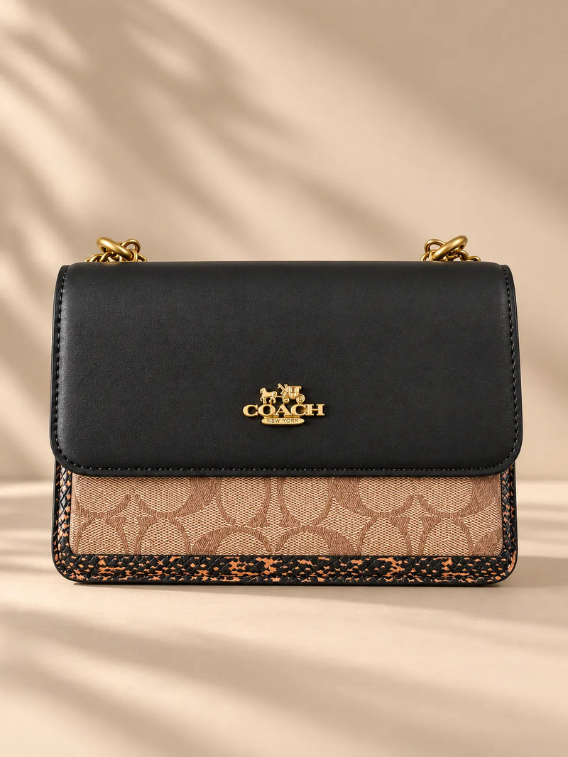 Black & Khaki Signature Flap Crossbody Bag | Snakeskin Print Trim Shoulder Purse