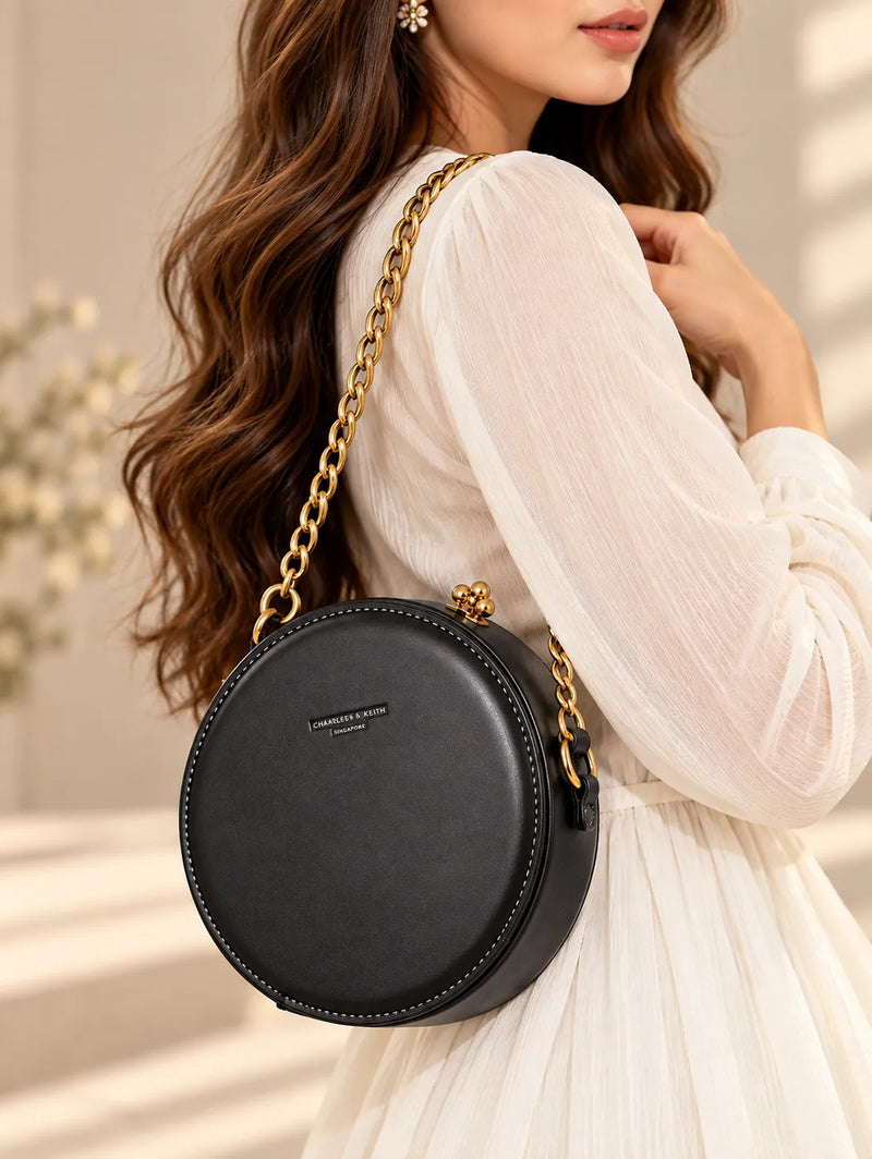 Black Round Circle Canteen Bag | Gold Chain Strap & Ornamental Clasp Crossbody Purse