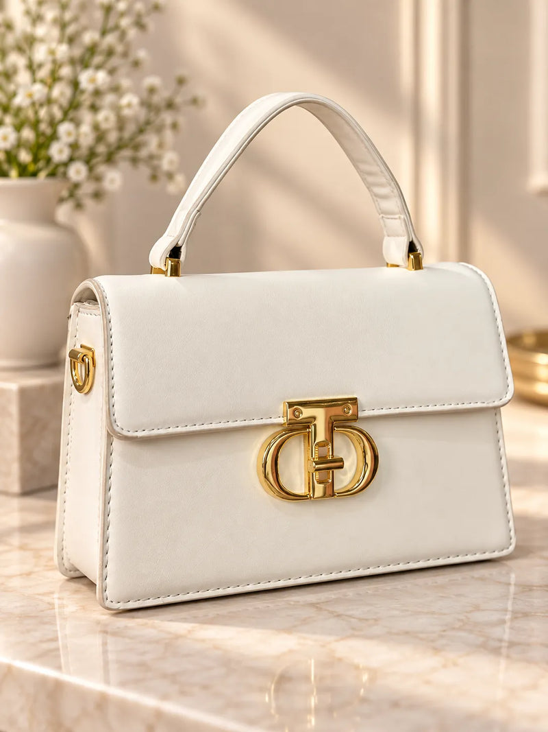 Off-White Top Handle Mini Flap Bag | Gold Double-Oval Logo Clasp Purse