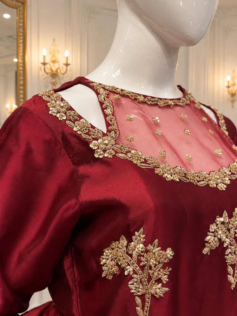Burgundy Maroon Embroidered Formal 3-Piece Suit