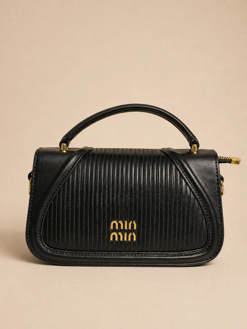 Black Ribbed Mini Handbag with Gold-Tone Hardware | Sufaab