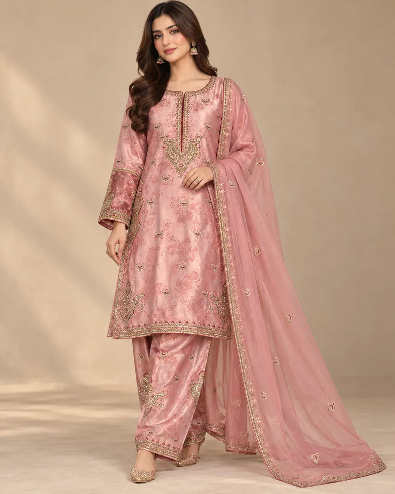 Dusty Rose Pink Embroidered China Patti 3-Piece Pakistani Suit with Dupatta | Sufaab