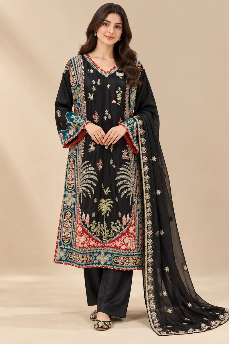 Black Trendy Embroidered Silk 3-Piece Suit with Teal Blue & Red Details