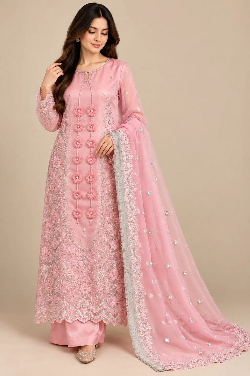 Blush Pink Embroidered 3-Piece Pakistani Suit with Floral Tassels