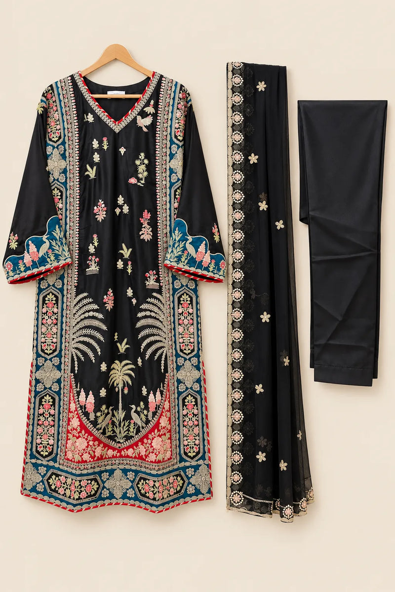 Black Trendy Embroidered Silk 3-Piece Suit with Teal Blue & Red Details