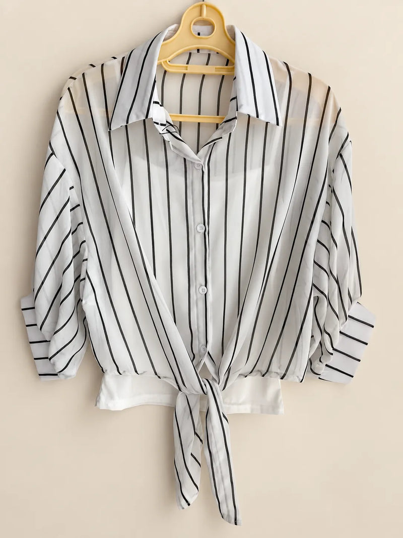 Women's Black & White Striped Georgette Tie-Front Shirt with White Camisole