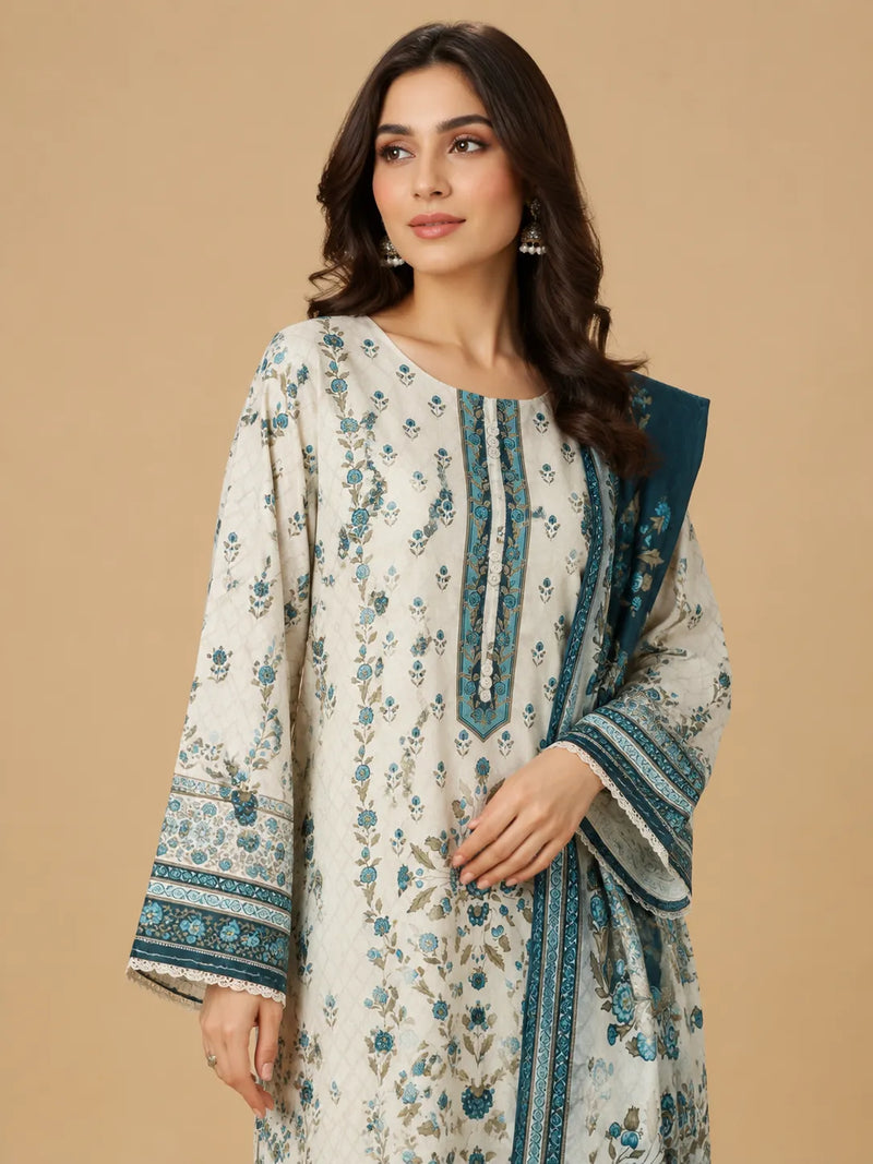 Off-White & Blue Floral Lawn 3 Piece Suit | Detailed Neckline & Contrasting Dupatta