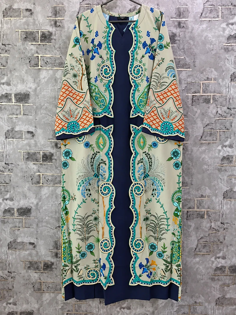 Inkish Blue & Grey Printed Lawn 2 Piece Kaftan Suit | Embroidered Front & Printed Trousers
