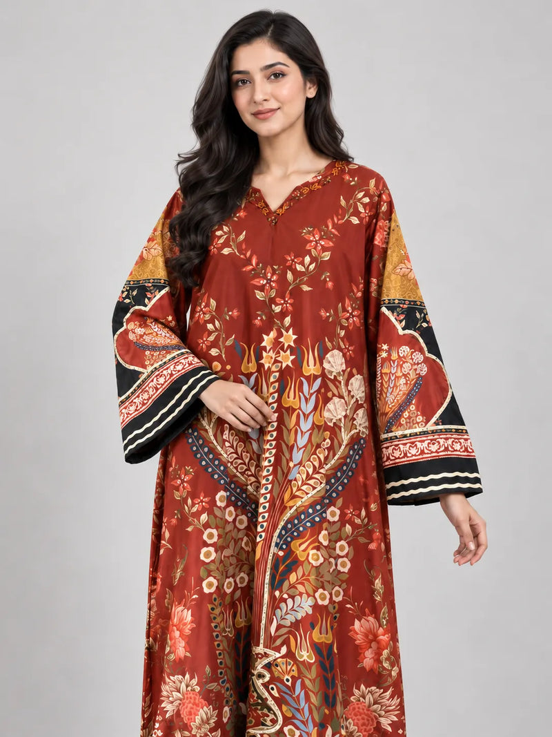 Rust Floral Printed Lawn 2 Piece Kaftan Suit | Printed Neckline & Matching Trousers