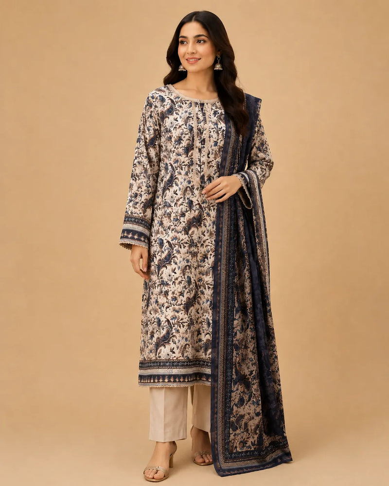 Navy Blue & Beige Printed Lawn 3 Piece Suit | Detailed Neckline & Contrasting Dupatta