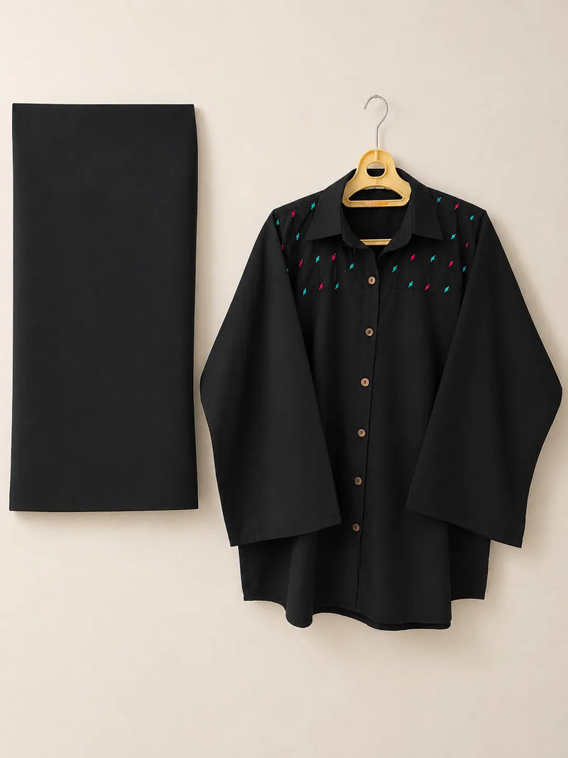 Black Cotton 2-Piece Co-Ord Set with Colorful French Knot Yoke Details & Wide-Leg Trousers