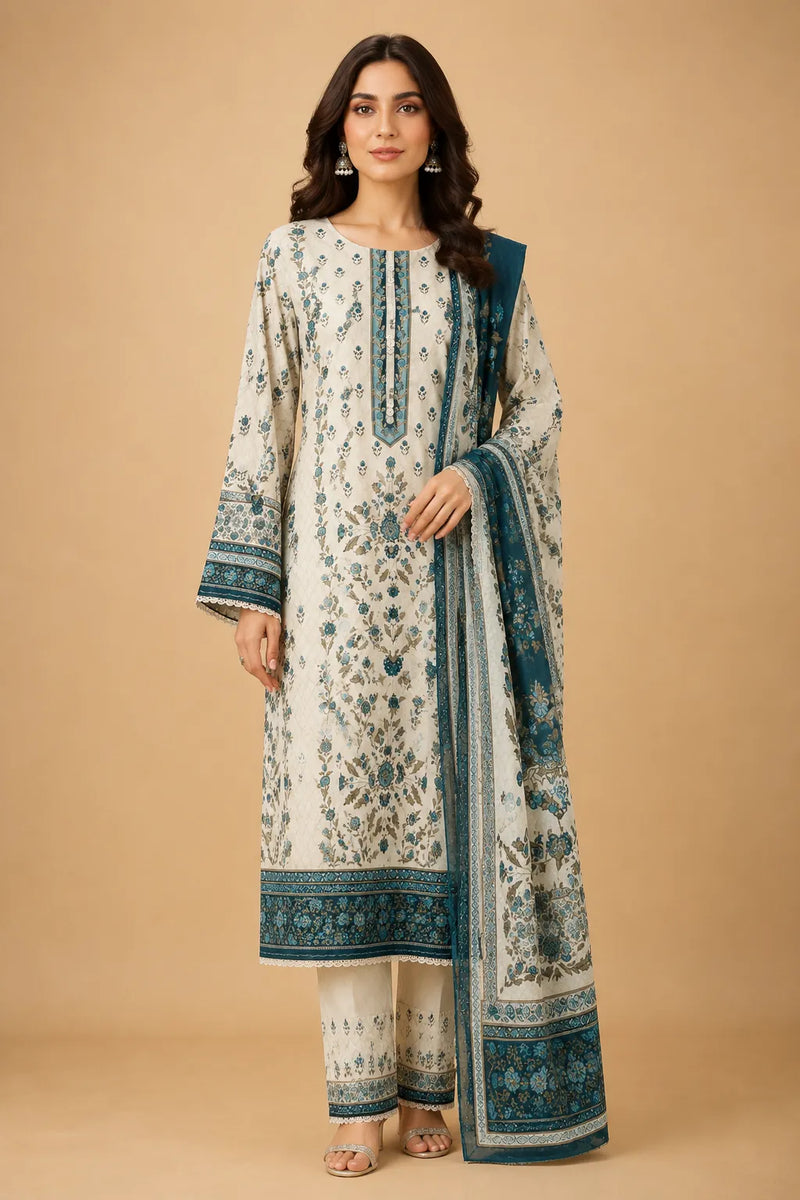 Off-White & Blue Floral Lawn 3 Piece Suit | Detailed Neckline & Contrasting Dupatta