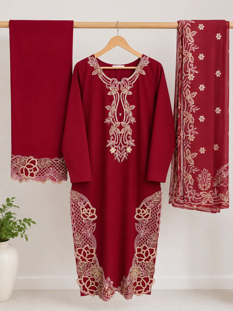 Crimson Red Embroidered Lawn 3-Piece Stitched Suit with Doriya Dupatta