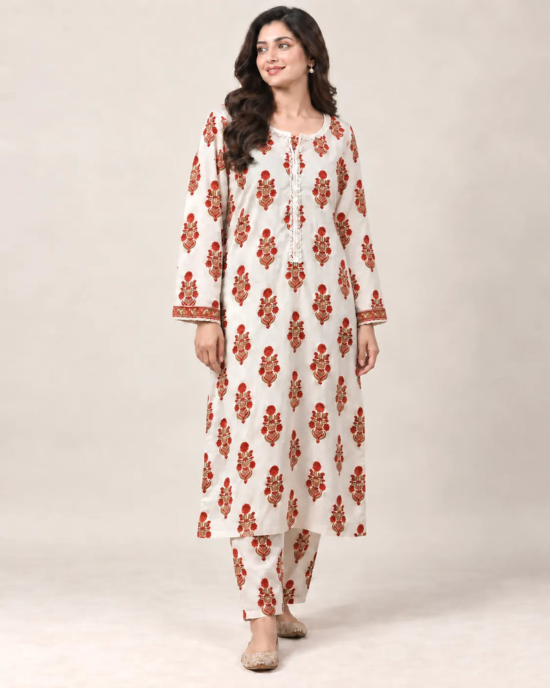 White & Orange Printed Lawn 2 Piece Suit | Placket Lace Trims & Matching Trousers