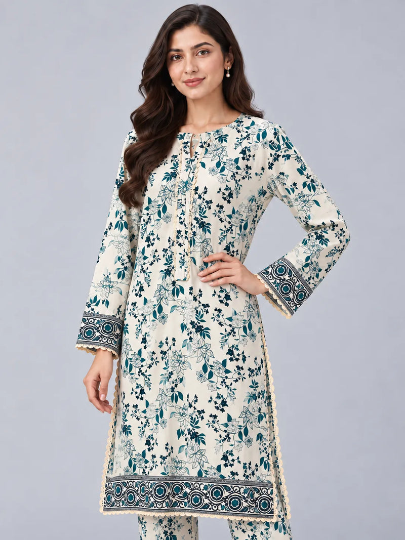 White & Blue Printed Lawn 2 Piece Suit | Placket Lace Trims & Printed Trousers