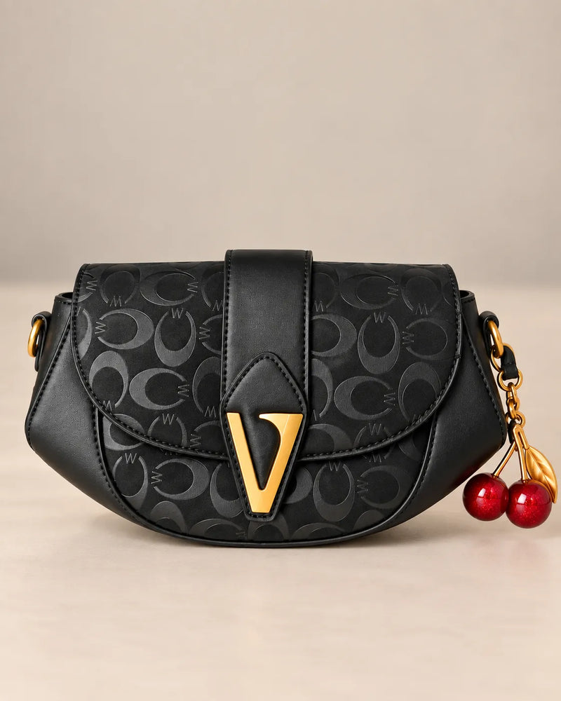 Black Monogram V-Buckle Shoulder Bag | Curved Flap Purse with Red Cherry Charm