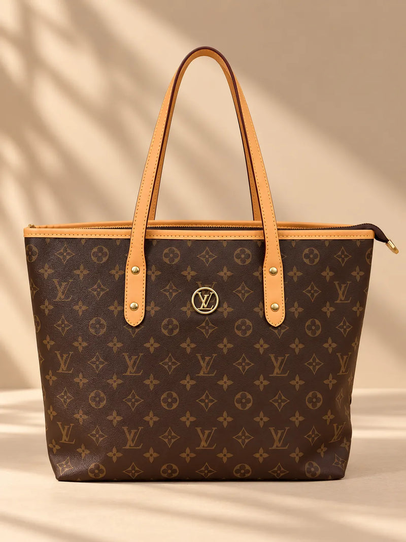 Brown Monogram Tote Bag with Tan Handles & Matching Pouch | Sufaab
