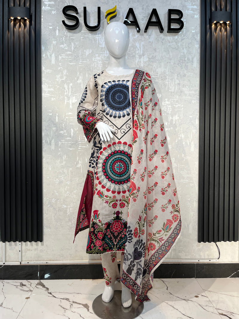 Skin Beige & Blue Floral Lawn Kaftan 3 Piece Suit | Embroidered Borders & Mandala Motif