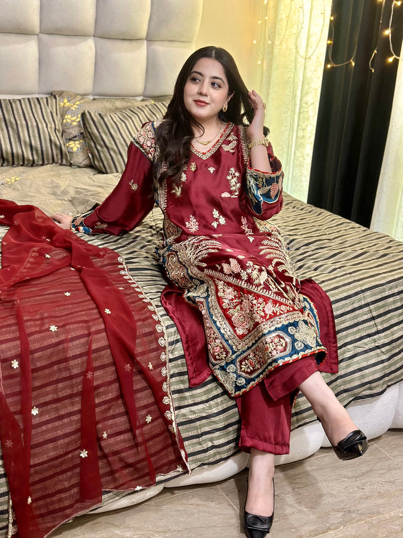 Maroon Embroidered Pakistani 3-Piece Suit with Teal Blue Borders | SUFAAB