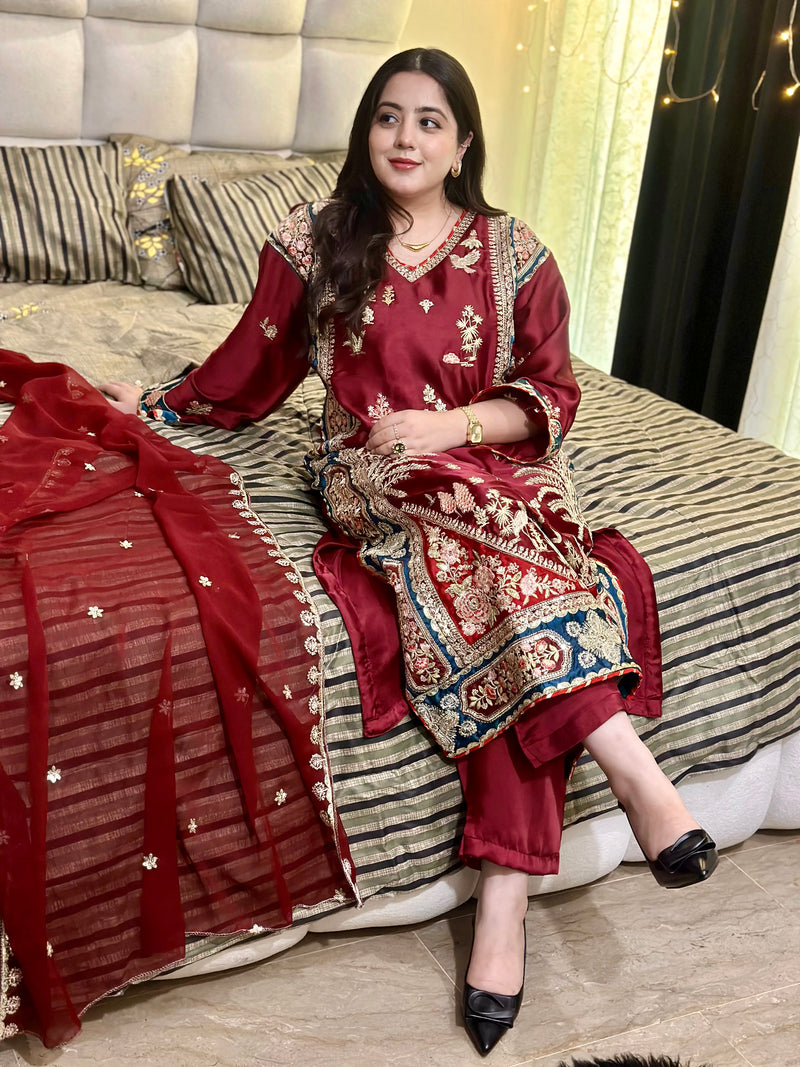 Maroon Embroidered Pakistani 3-Piece Suit with Teal Blue Borders | SUFAAB