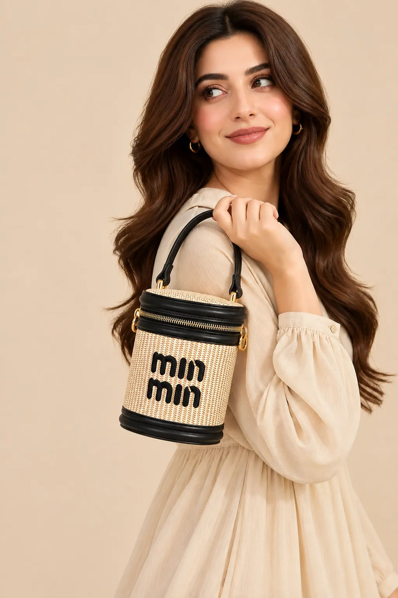 Min Min Woven Straw Cylinder Vanity Box Bag | Black Leather Trim Crossbody Purse