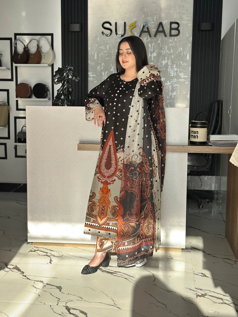 Black Dotted Lawn 3 Piece Kaftan Suit | Polka Dot Print & Matching Dupatta