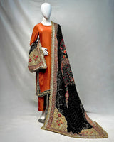 Rust Orange Formal Suit with Black Heavy Hand Embellished Shawl|Shawl Minimum Customized Days-30