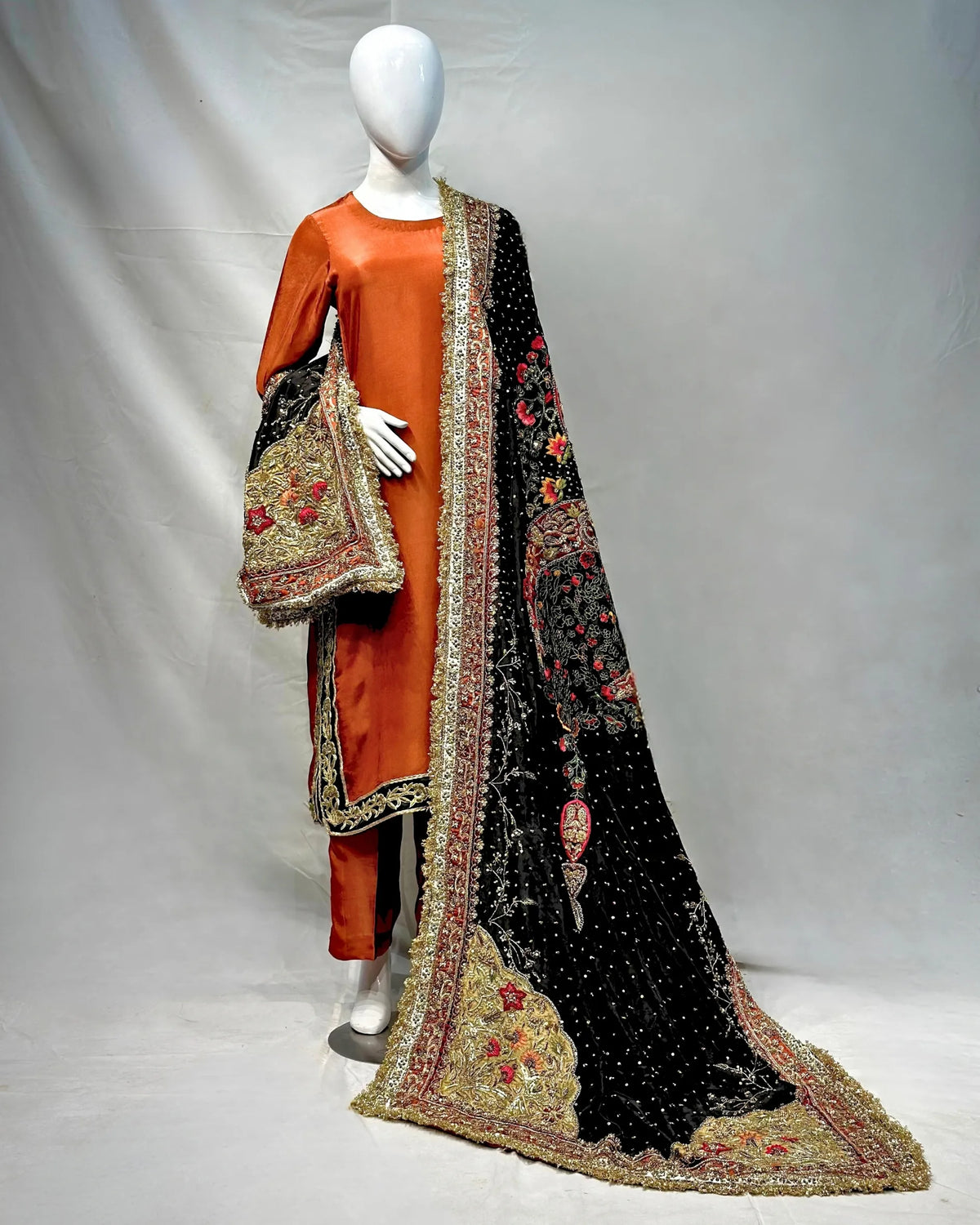 Rust Orange Formal Suit with Black Heavy Hand Embellished Shawl|Shawl Minimum Customized Days-30