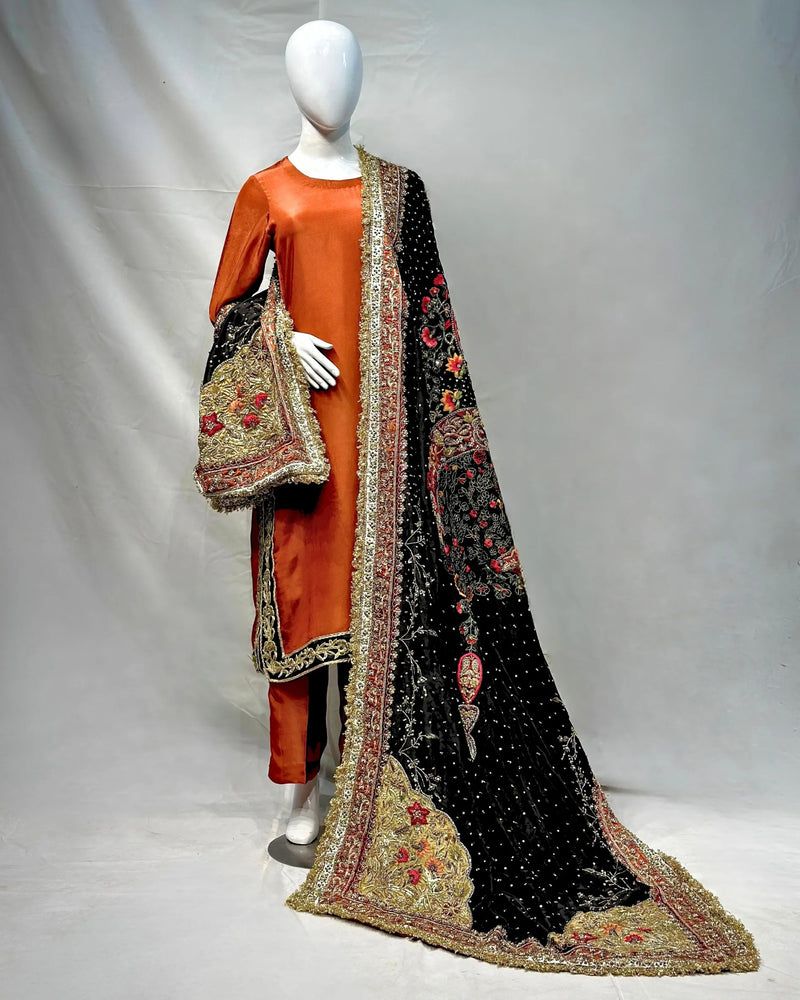 Rust Orange Formal Suit with Black Heavy Hand Embellished Shawl|Shawl Minimum Customized Days-30