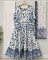 Faiza Saqlain Inspired Blue & White Printed Lawn Frock 3-Piece Stitched Suit with Net Dupatta