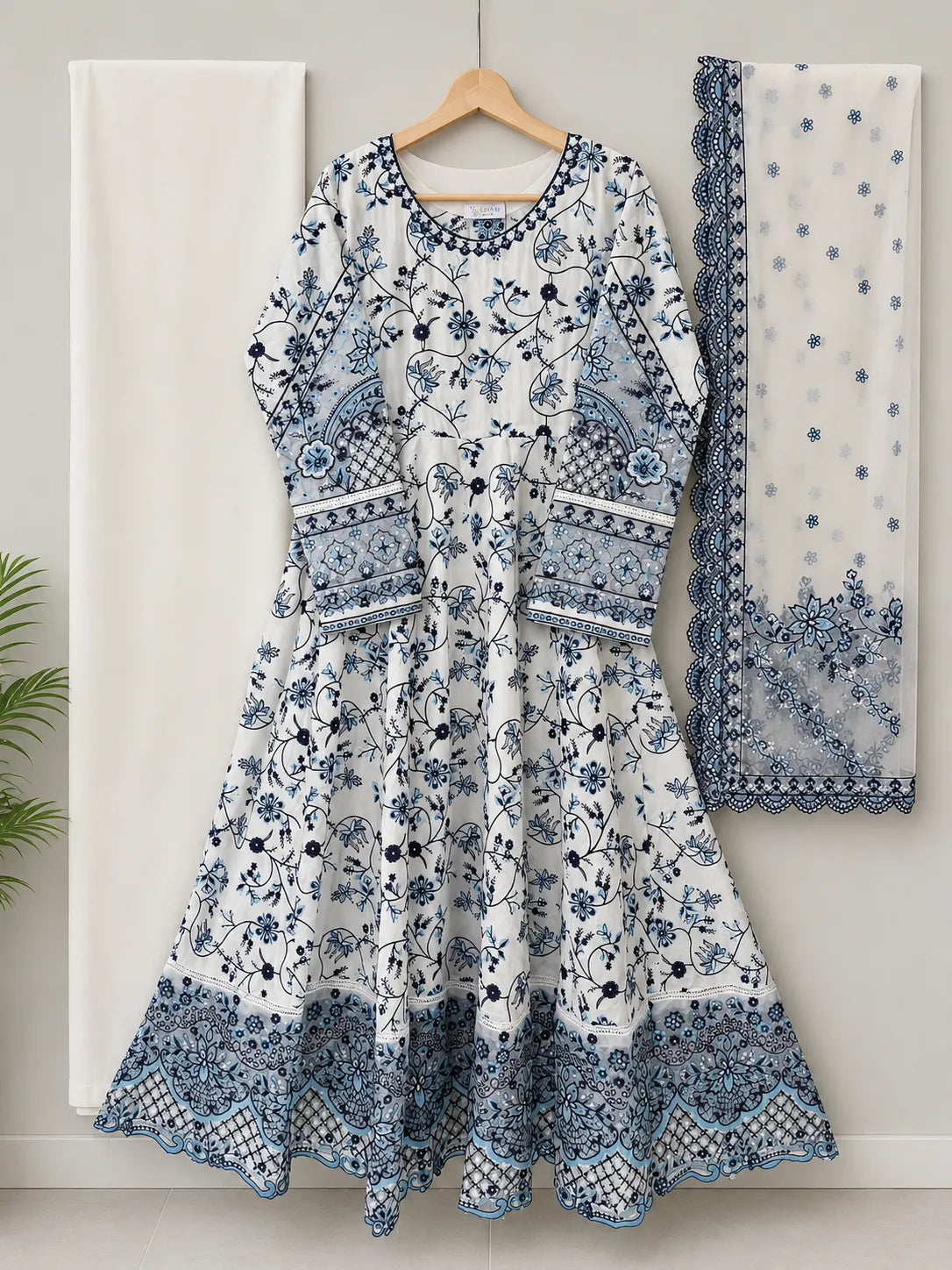 Faiza Saqlain Inspired Blue & White Printed Lawn Frock 3-Piece Stitched Suit with Net Dupatta