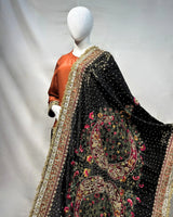 Rust Orange Formal Suit with Black Heavy Hand Embellished Shawl|Shawl Minimum Customized Days-30