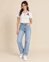 Women's White Ribbed Cropped Polo Shirt with Contrast Collar & Embroidered Logo