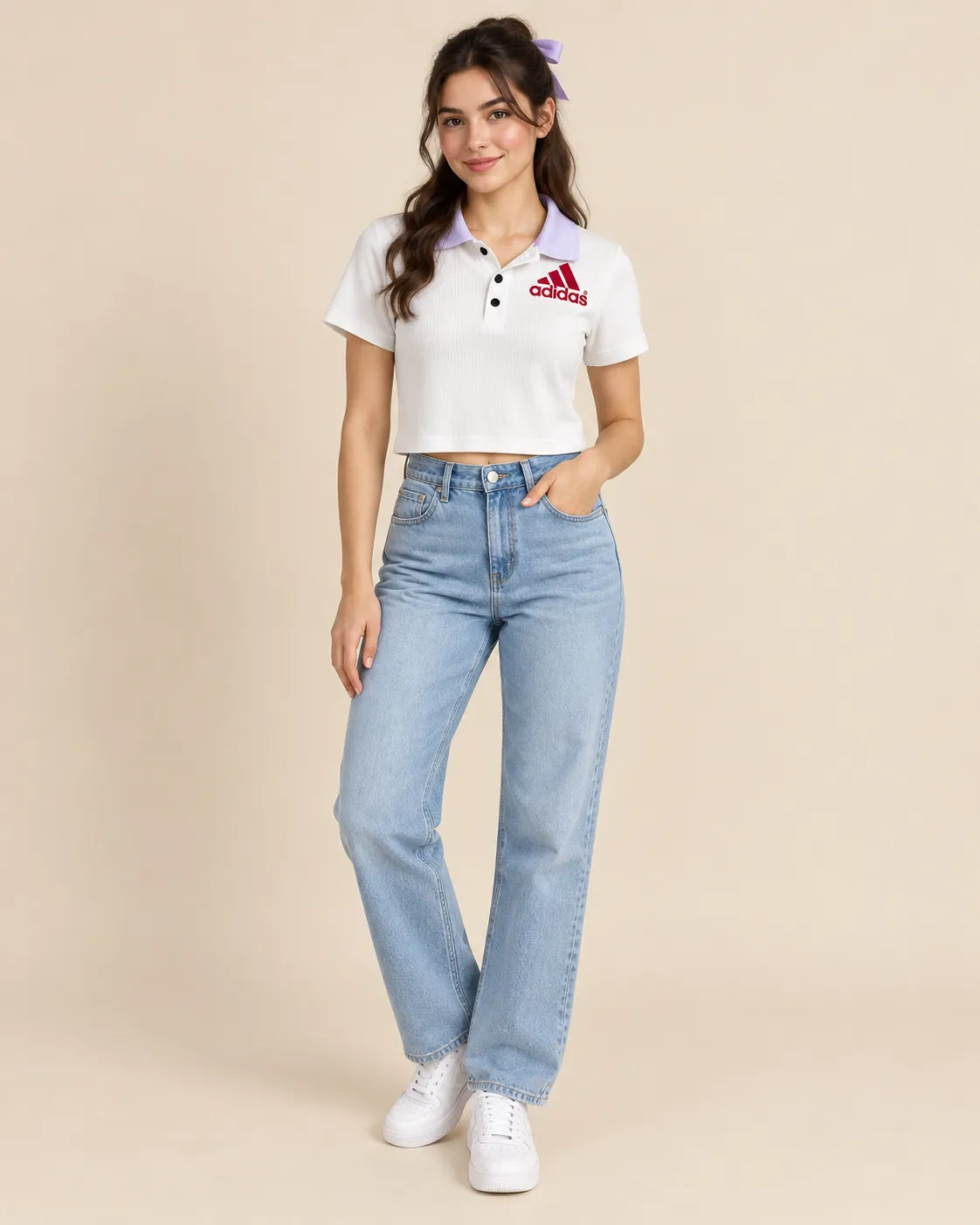 Women's White Ribbed Cropped Polo Shirt with Contrast Collar & Embroidered Logo