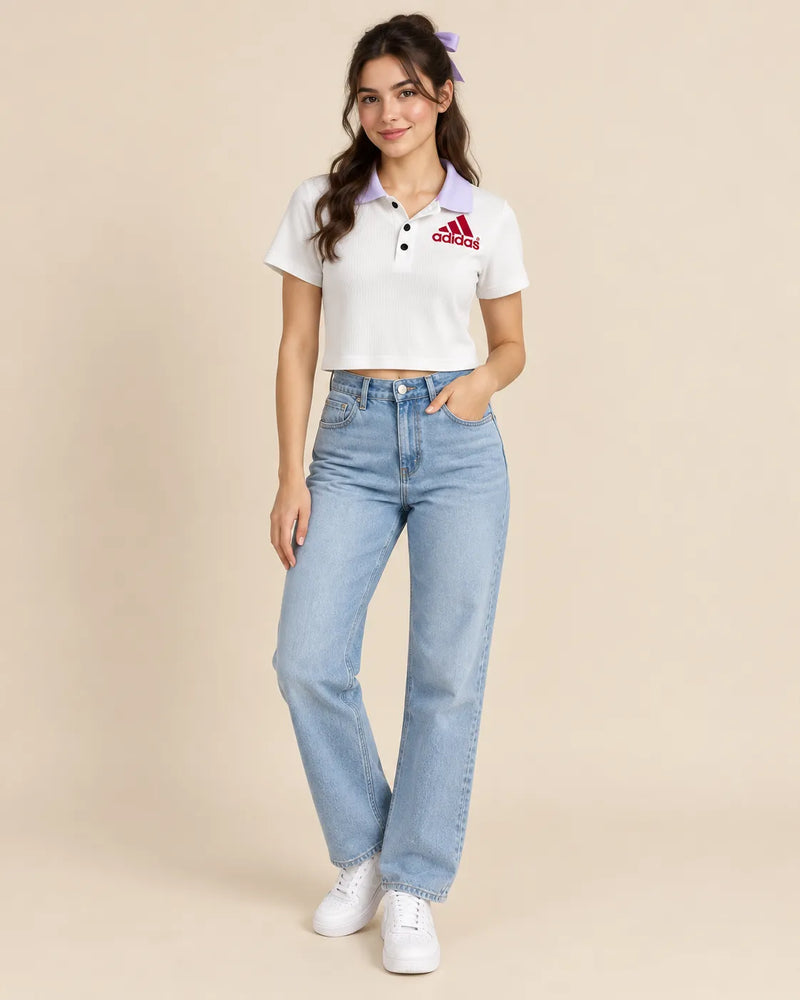 Women's White Ribbed Cropped Polo Shirt with Contrast Collar & Embroidered Logo