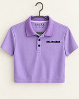 Women's Lavender Purple Ribbed Cropped Polo Shirt with Embroidered Chest Logo