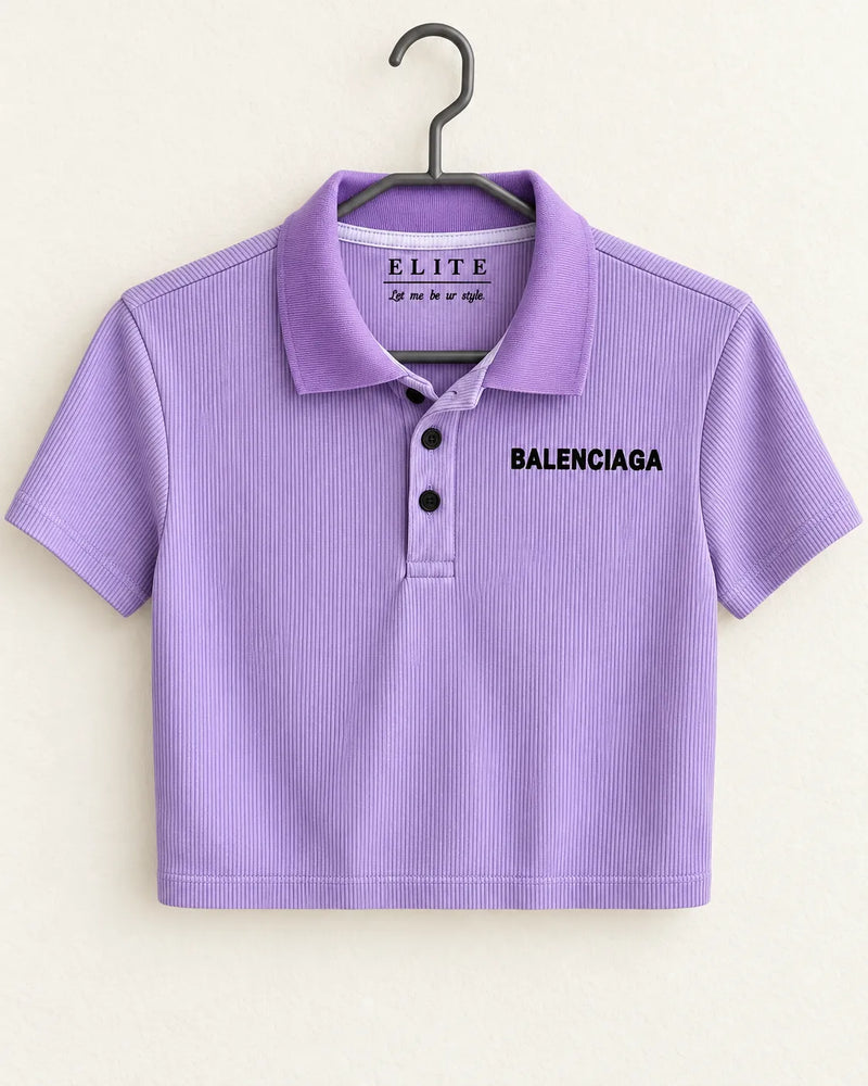 Women's Lavender Purple Ribbed Cropped Polo Shirt with Embroidered Chest Logo