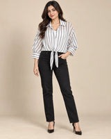 Women's Black & White Striped Georgette Tie-Front Shirt with White Camisole
