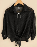 Women's Black Pearl Motif Georgette Tie-Front Shirt with Inner Black Camisole