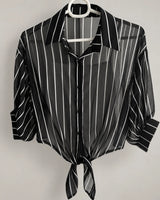 Women's Black & White Vertical Striped Georgette Tie-Front Shirt with Black Camisole