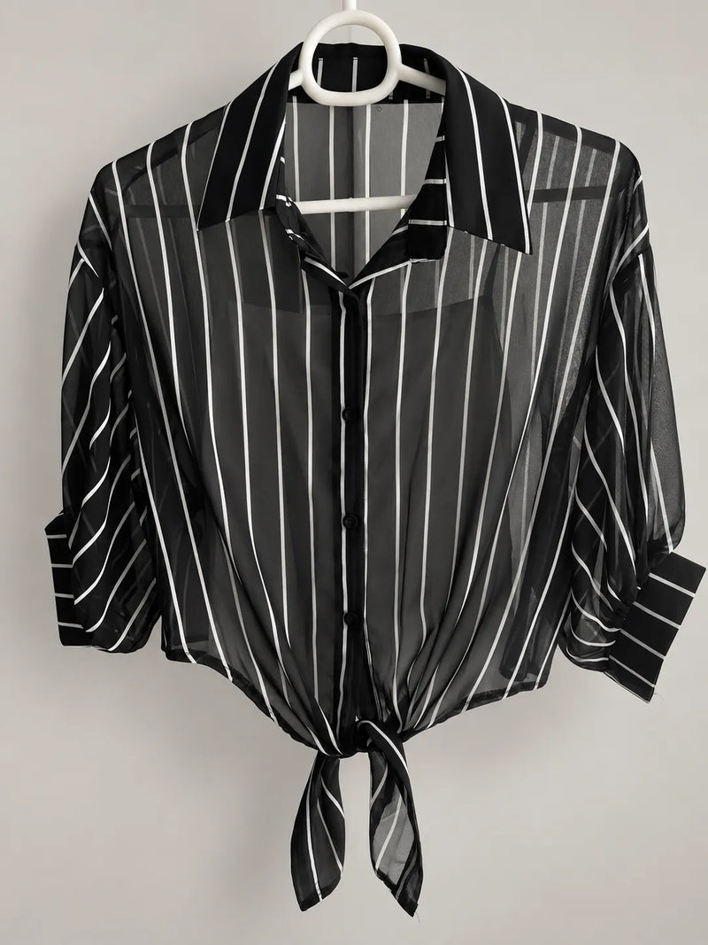 Women's Black & White Vertical Striped Georgette Tie-Front Shirt with Black Camisole