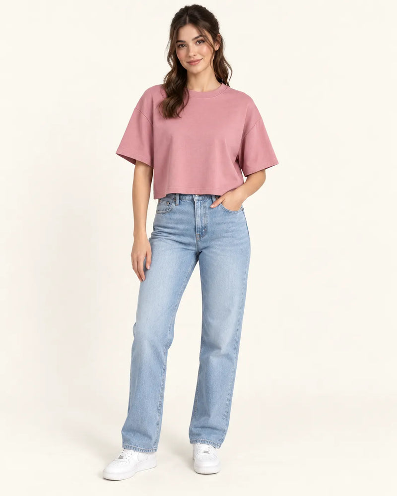 Women's Dusty Pink Oversized Cropped Crewneck T-Shirt