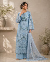 Powder Blue Floral Embroidered Long Cutwork 3-Piece Stitched Suit with Pearl Neckline & Organza Dupatta
